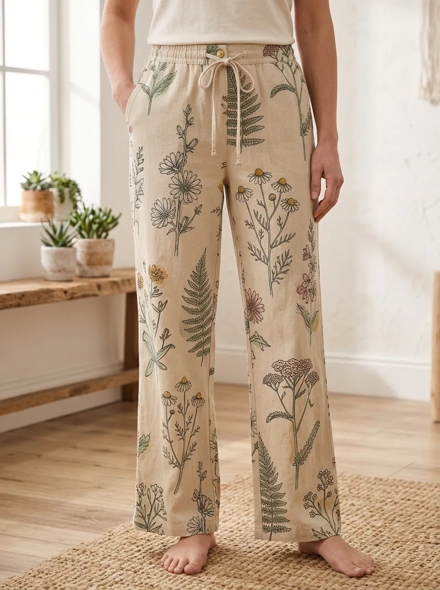 Women's Botanical Wildflower Fern Printed Lounge Pants