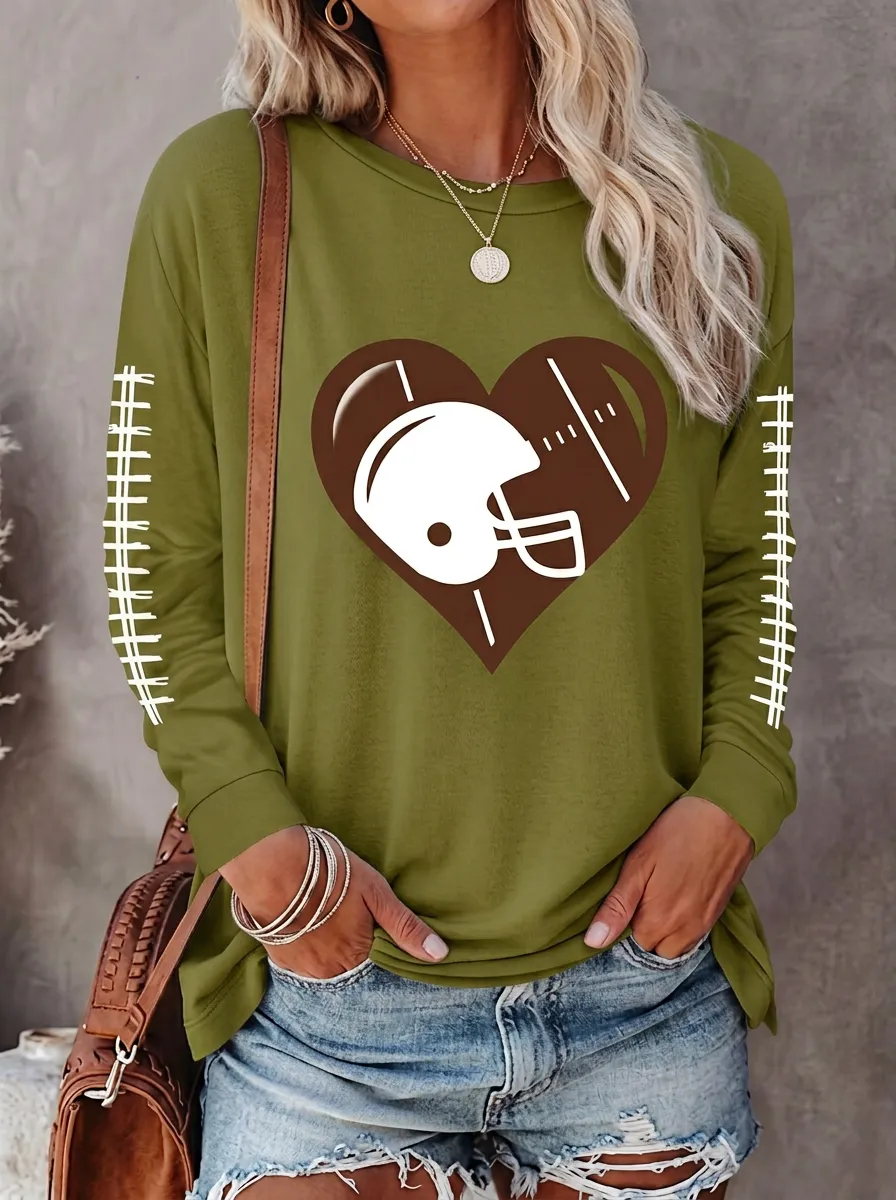 Women's Sport Inspired Gridiron Heart Helmet Ball Crewneck Long Sleeve T-Shirt