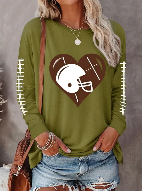 Women's Sport Inspired Gridiron Heart Helmet Ball Crewneck Long Sleeve T-Shirt