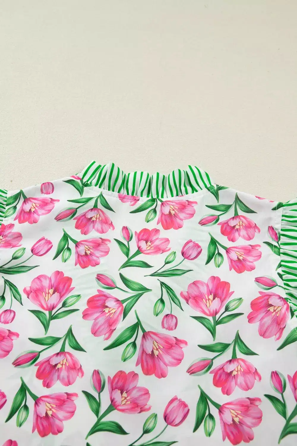 Floral Print Striped Ruffle Trim V Neck