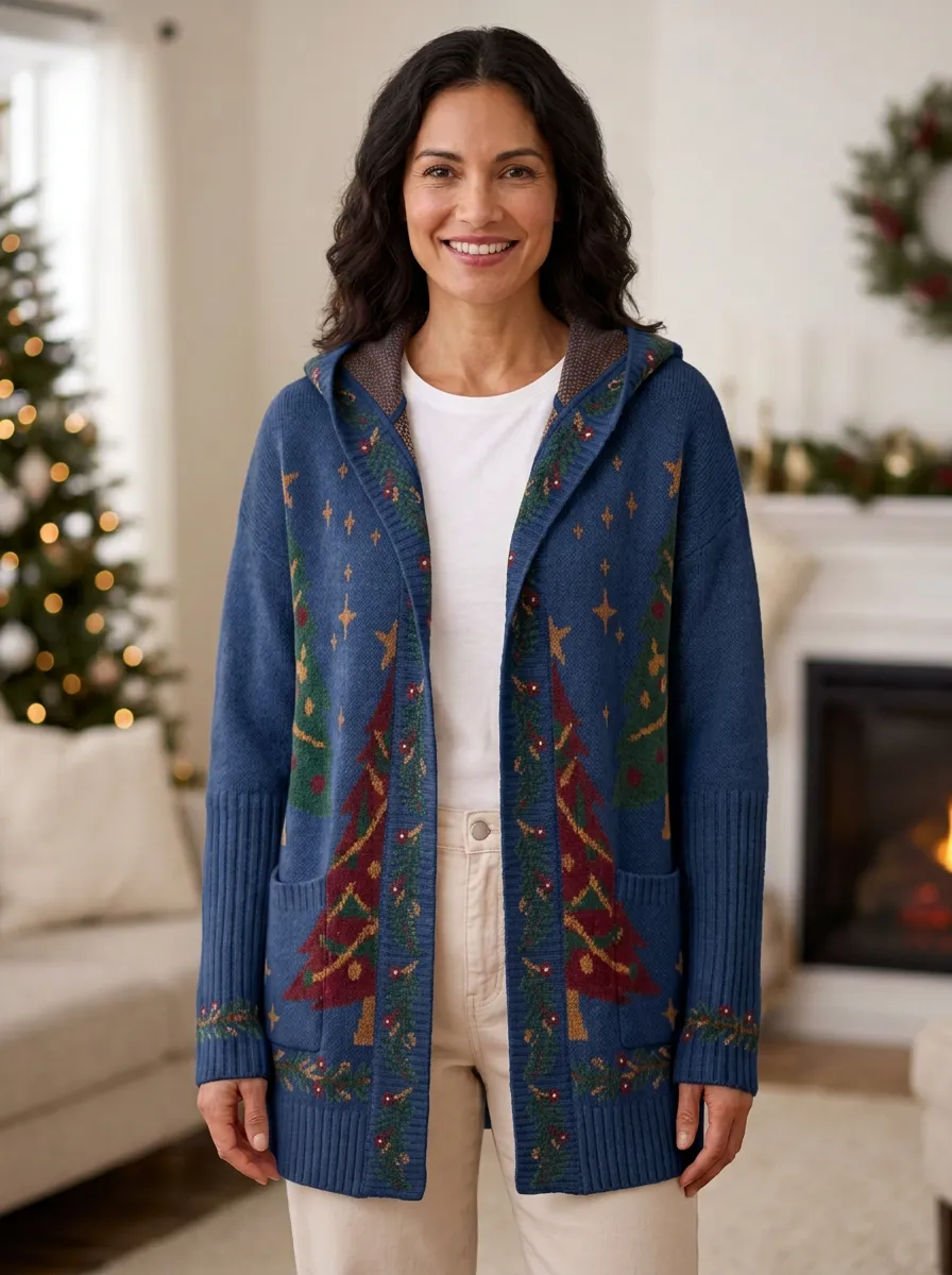 Festive Christmas Holiday Tree Pattern Knit Hooded Cardigan