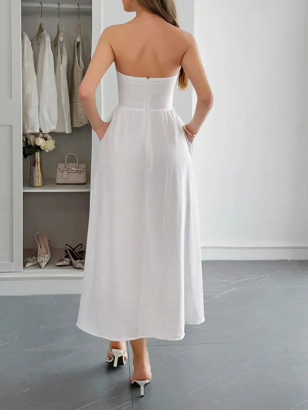 Strapless A-Line Midi Dress With Pockets