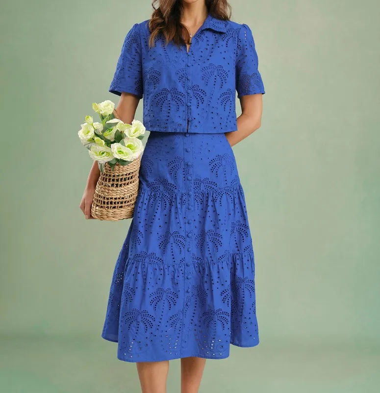 Blue Embroidery Midi Skirt