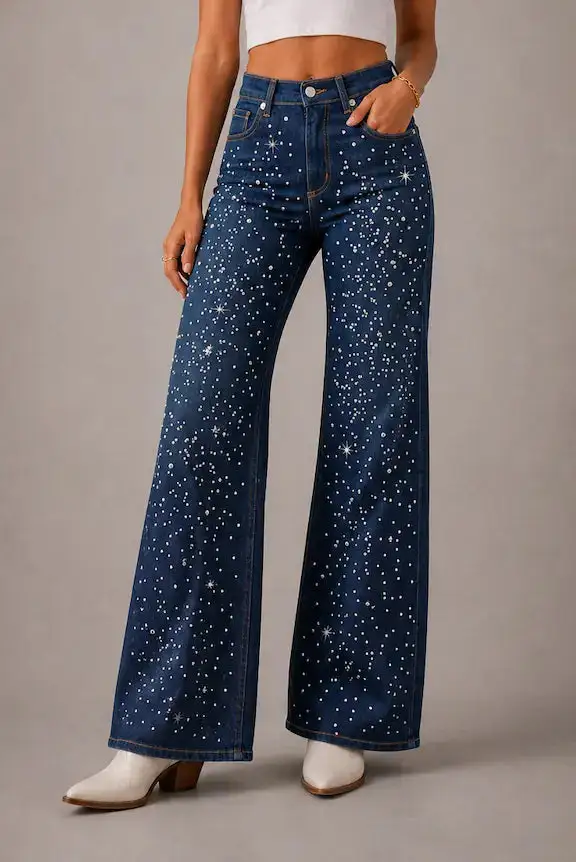 Wide Leg High Waist Rhinestone Detail Retro Style Denim Jeans