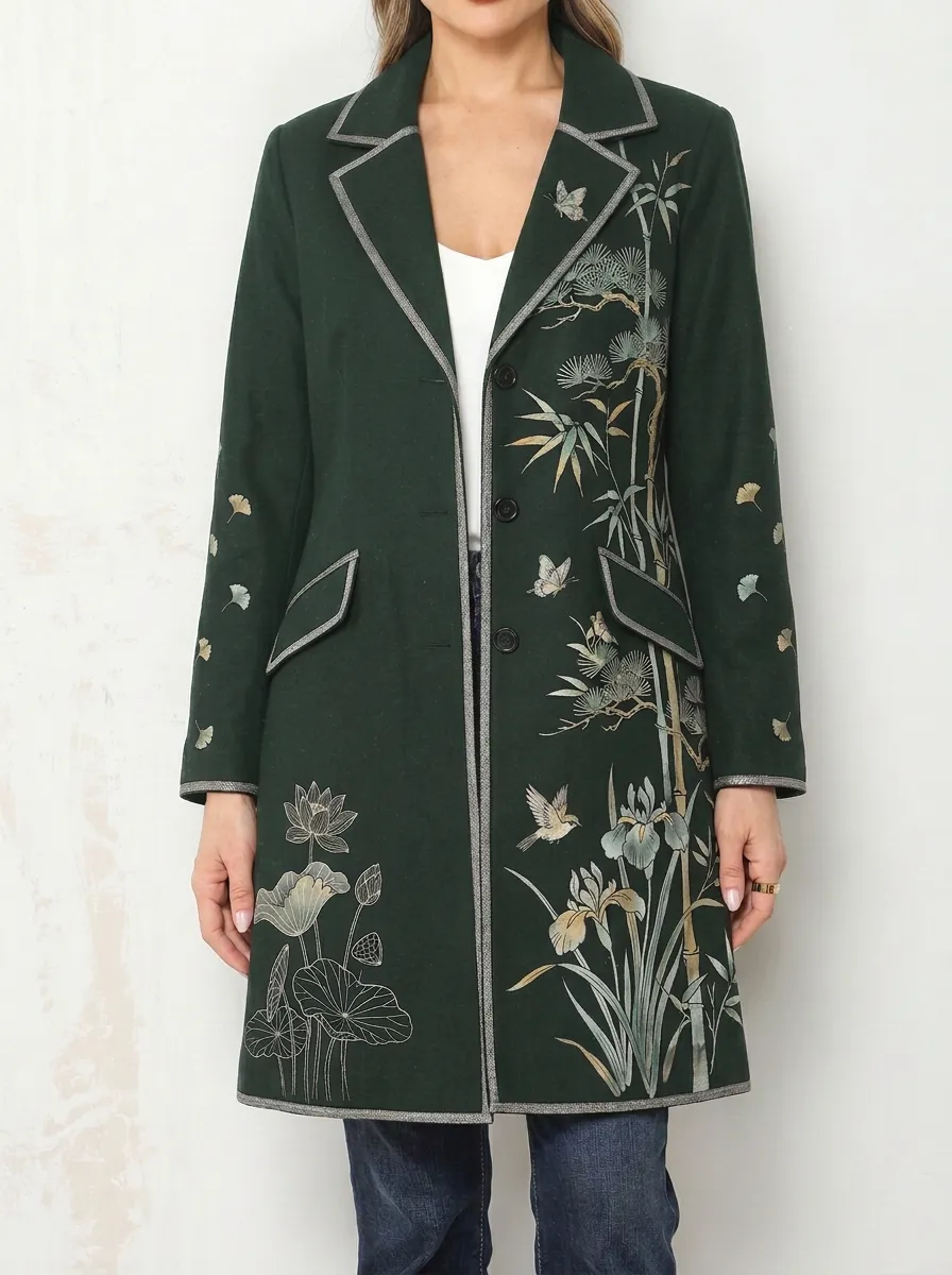 Women's Oriental Nature Botanical Butterfly Printed Blazer Coat