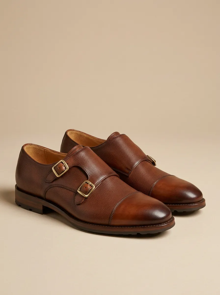 Men's Modern Business Formal Perforated Leather Double Monk Strap Shoes