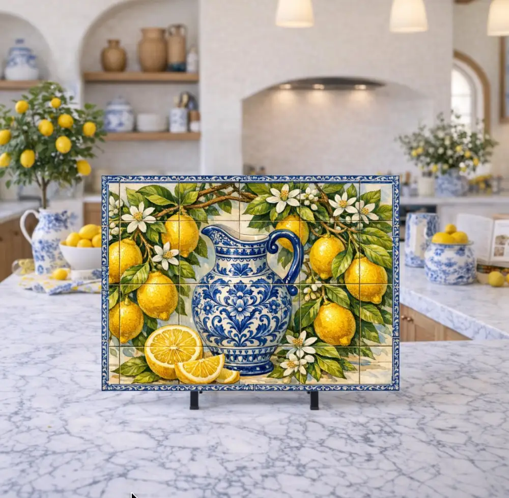 Mediterranean Lemon Toile Glass Cutting Board