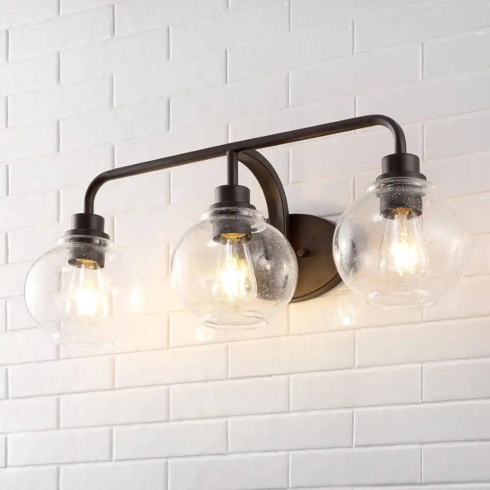 Triple-Light Iron/seeded Glass Cottage Rustic LED Vanity Light