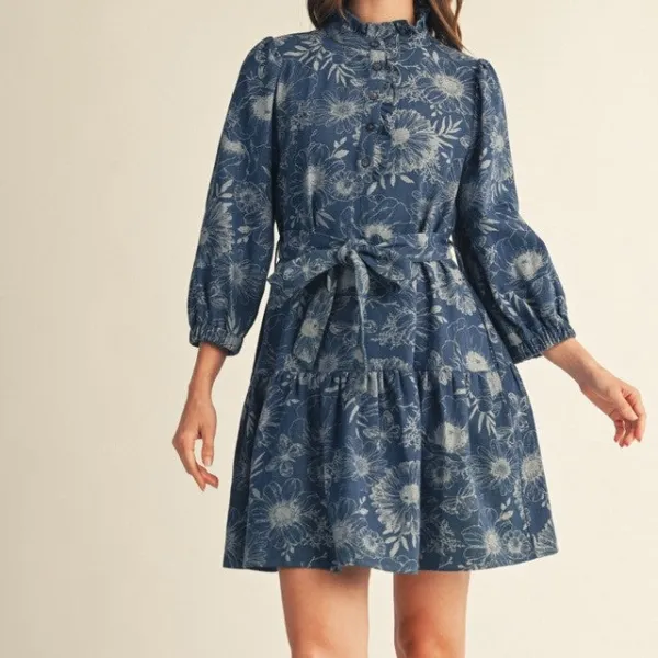 Floral Denim Tiered Ruffle Detail Dress