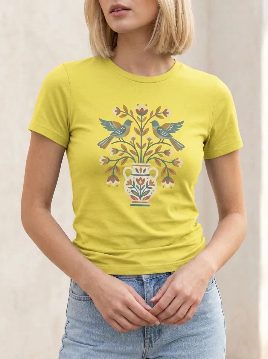 Women's Folk Art Bird and Floral Vase Printed T-shirt