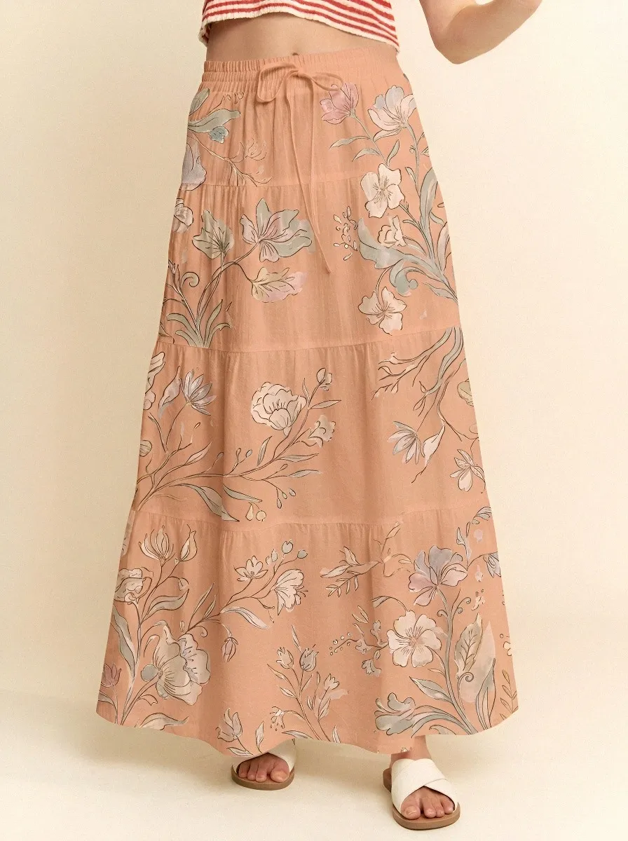 Women's Tiered Boho Floral Botanical Watercolor Printed Maxi Skirt
