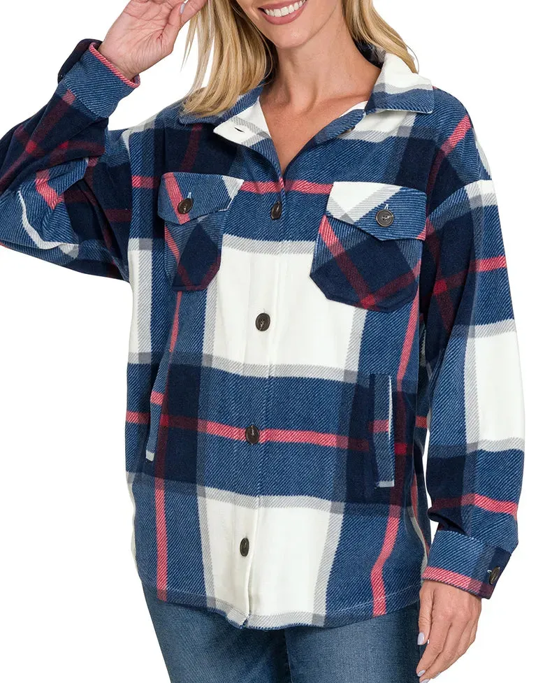 Fleece Plaid Pocketed Jacket