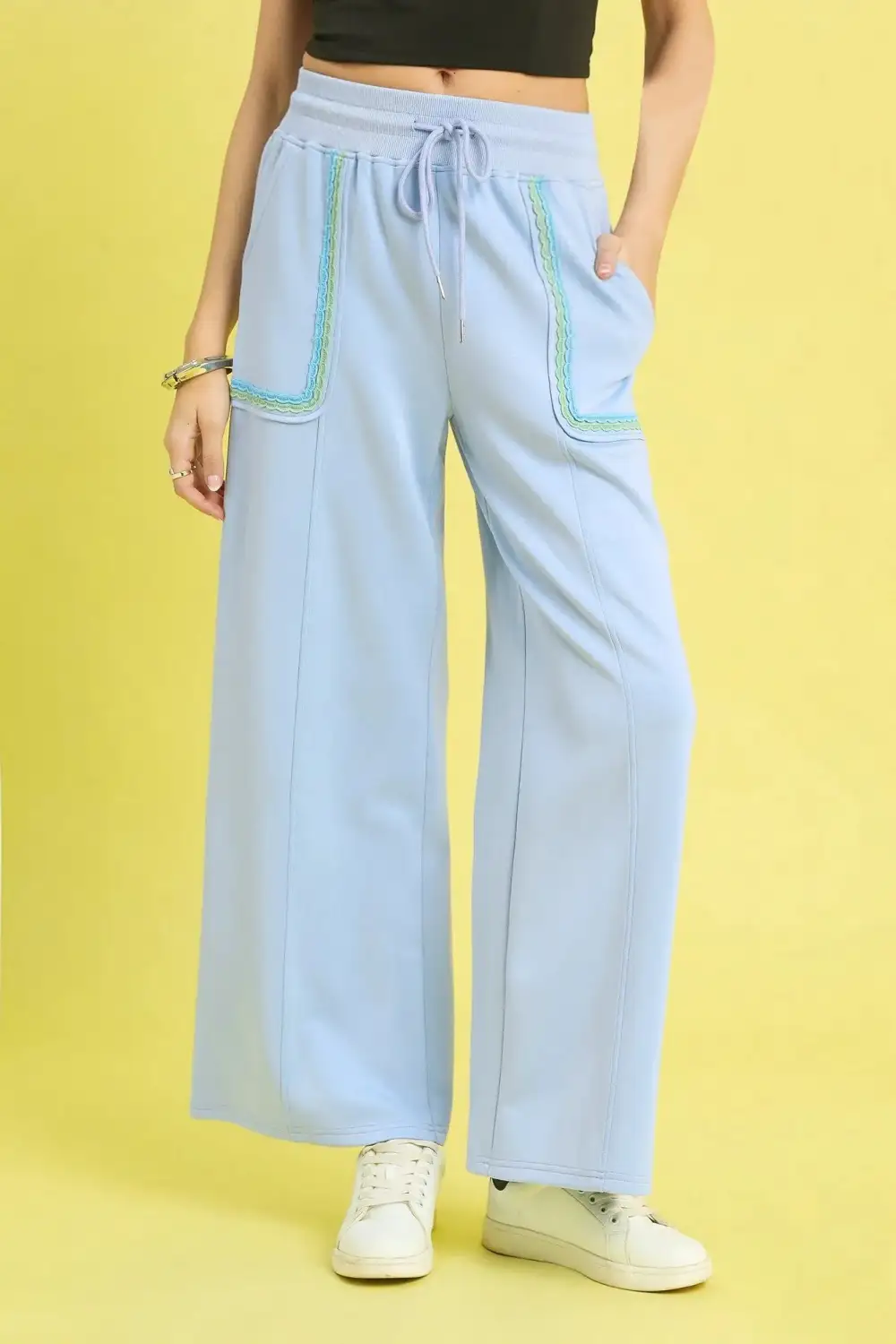 Drawstring Wide Leg Pants With Scallop Trim Detail