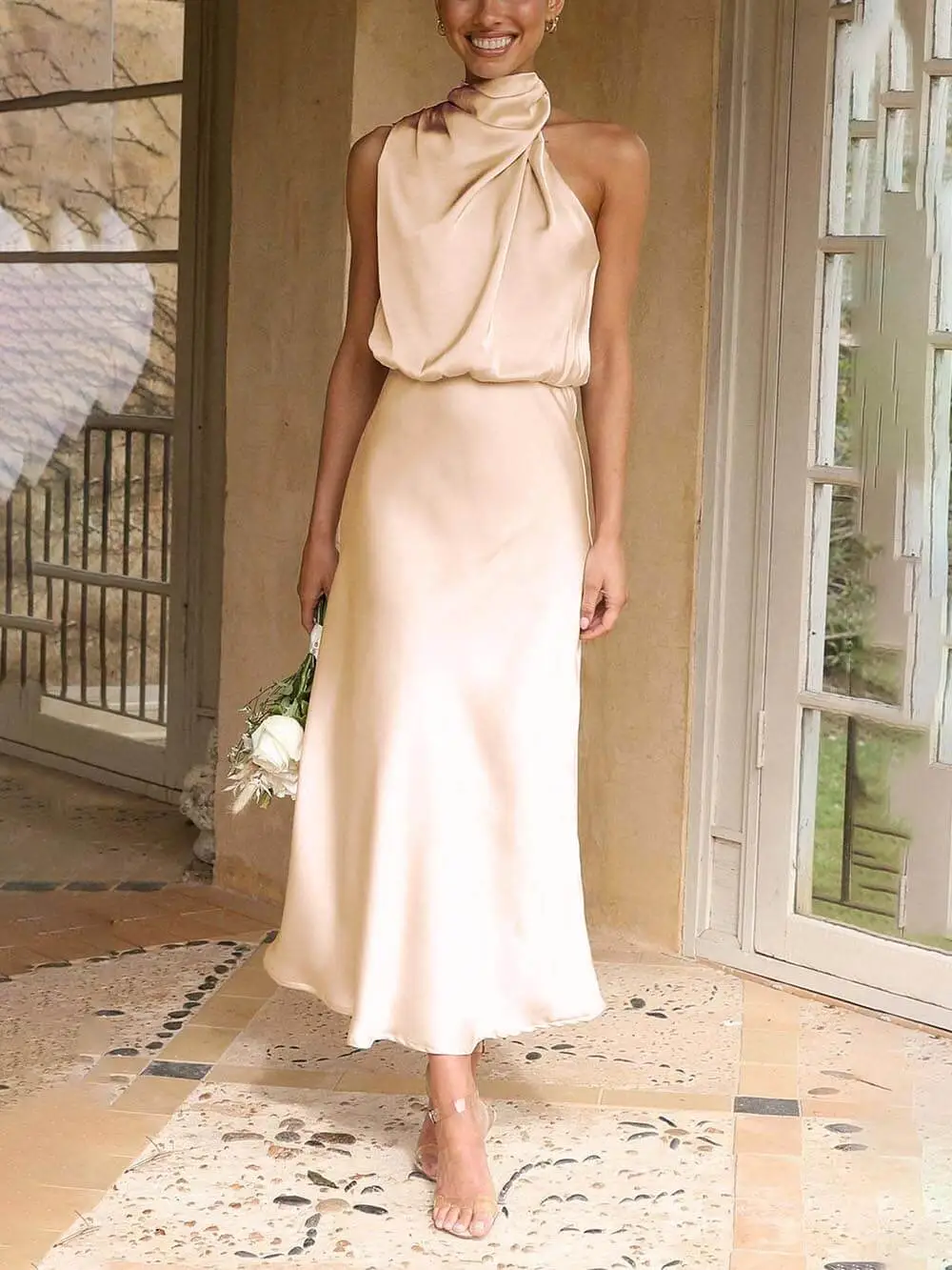 Bridesmaid Sleeveless High Neck Dresses Midi Dress