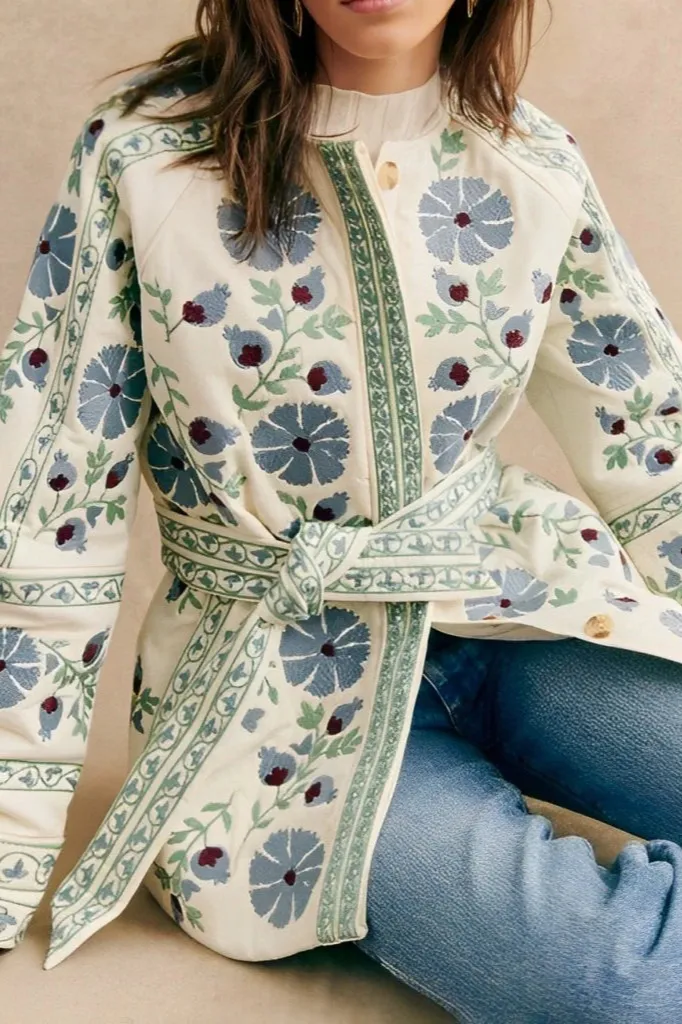 Patchwork Lace-Up Round-Neck Jacket