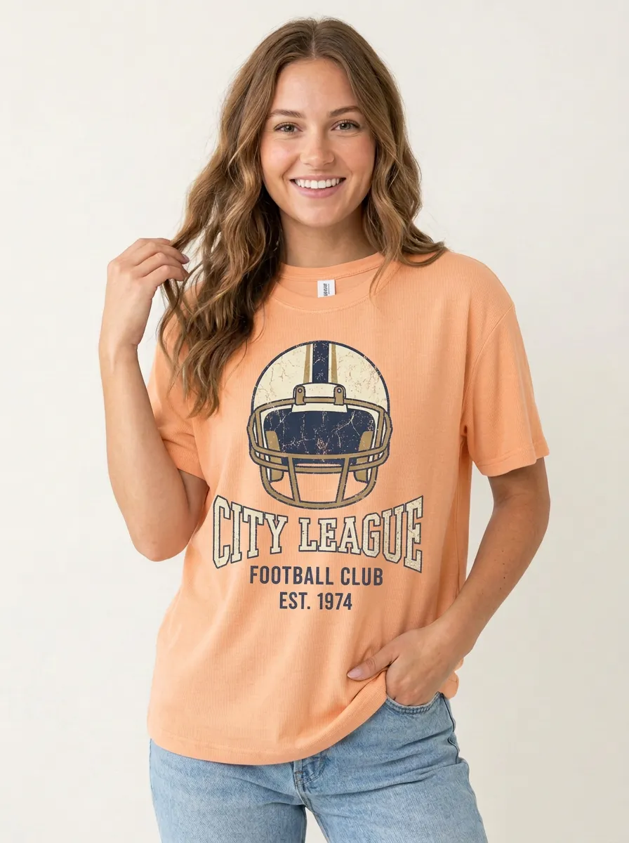 Women's Retro Inspired Helmet Football Ball Crew Neck Graphic T-Shirt