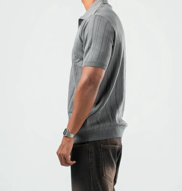Grey Ribbed Knit Polo Shirt