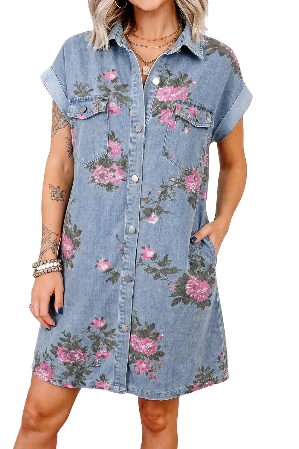 Chic Floral Denim Look Button Front Mini Dress