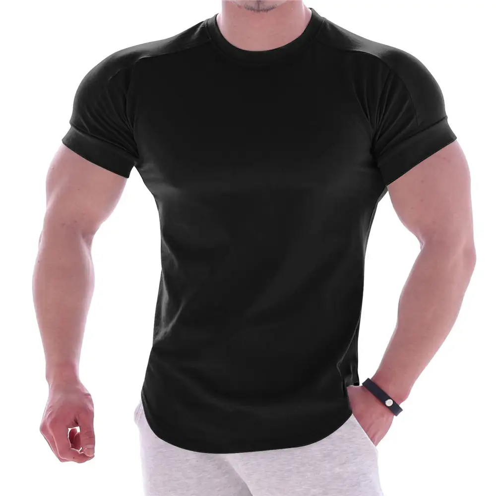 Men's Body-hugging Short-Sleeve Shirt Cotton-elastane Mix With Round Neckline And Rounded Hem