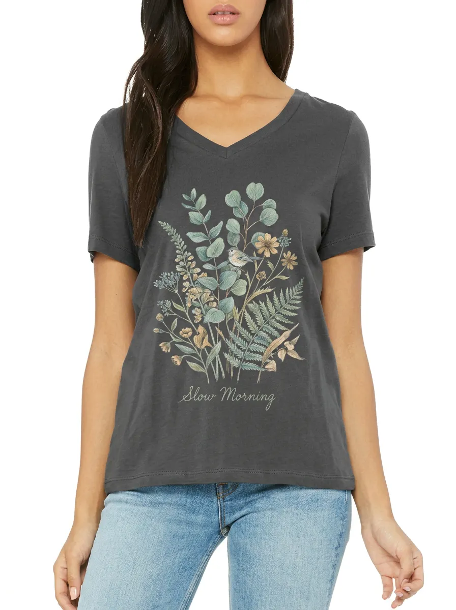 Women's Nature Lover Slow Morning Bird Floral Printed V-neck T-shirt