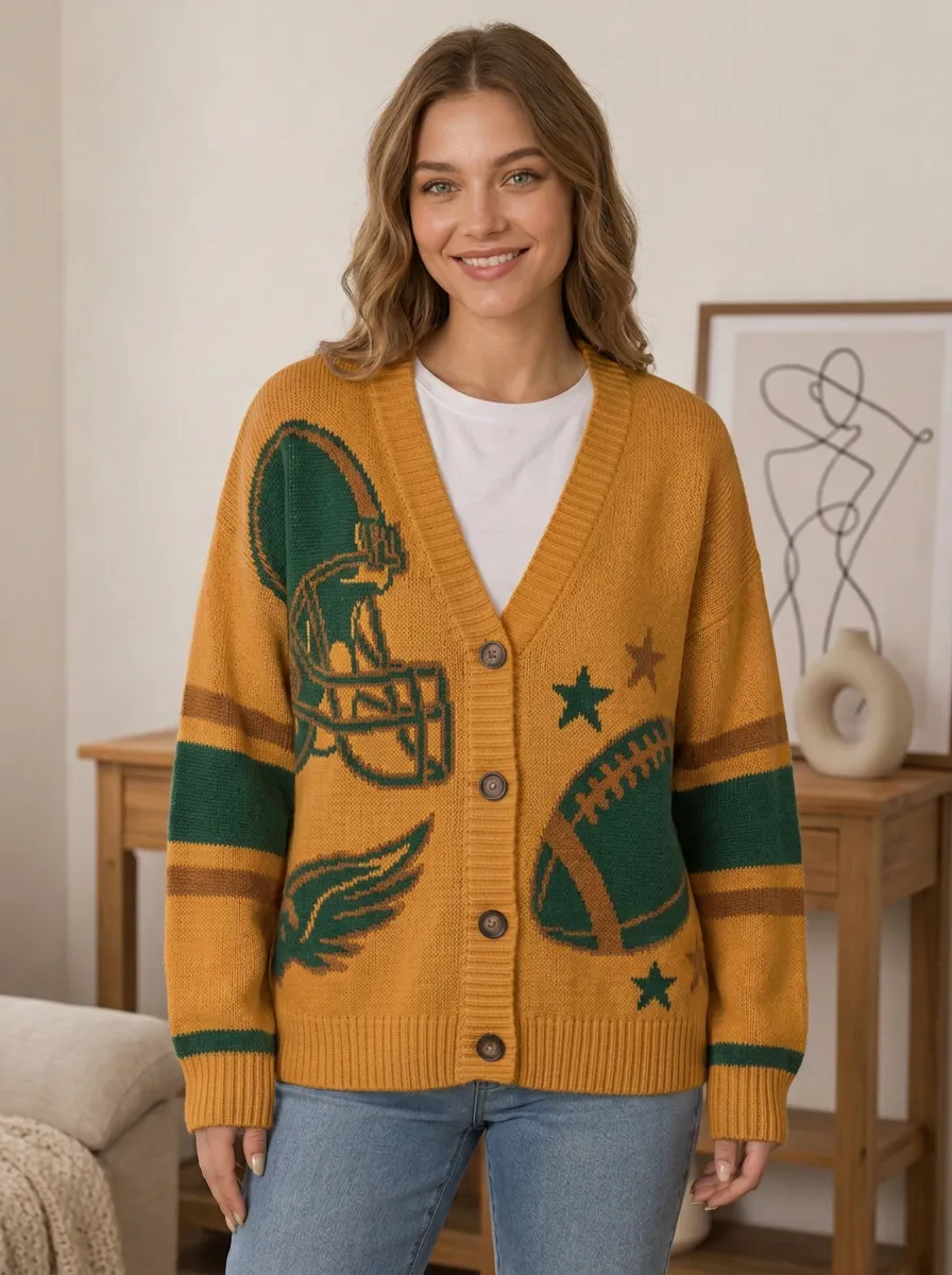 Women's Playbook Inspired Gridiron Helmet Ball Knit Cardigan