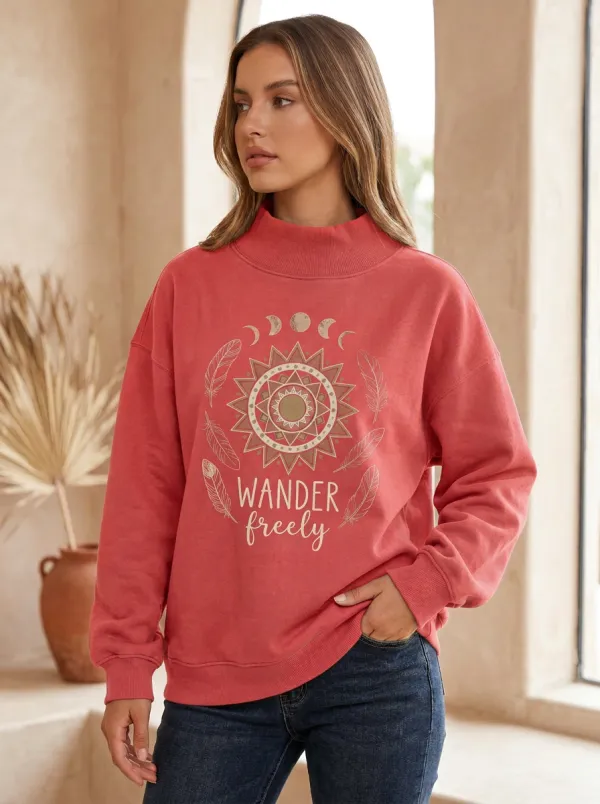 Boho Wander Freely Sun Moon Feather Mock Neck Sweatshirt
