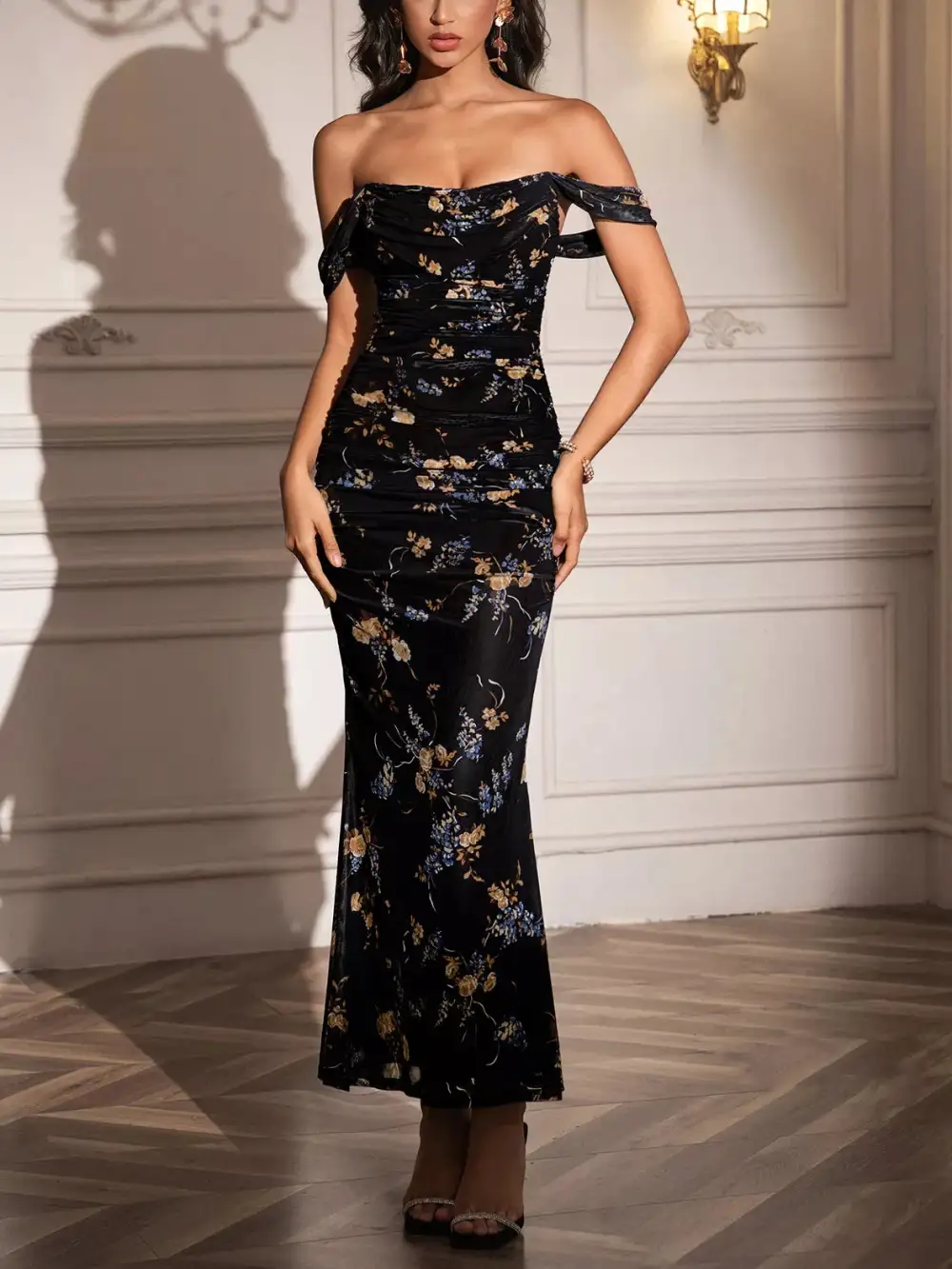 Ruched Off-Shoulder Floral Casual Dress