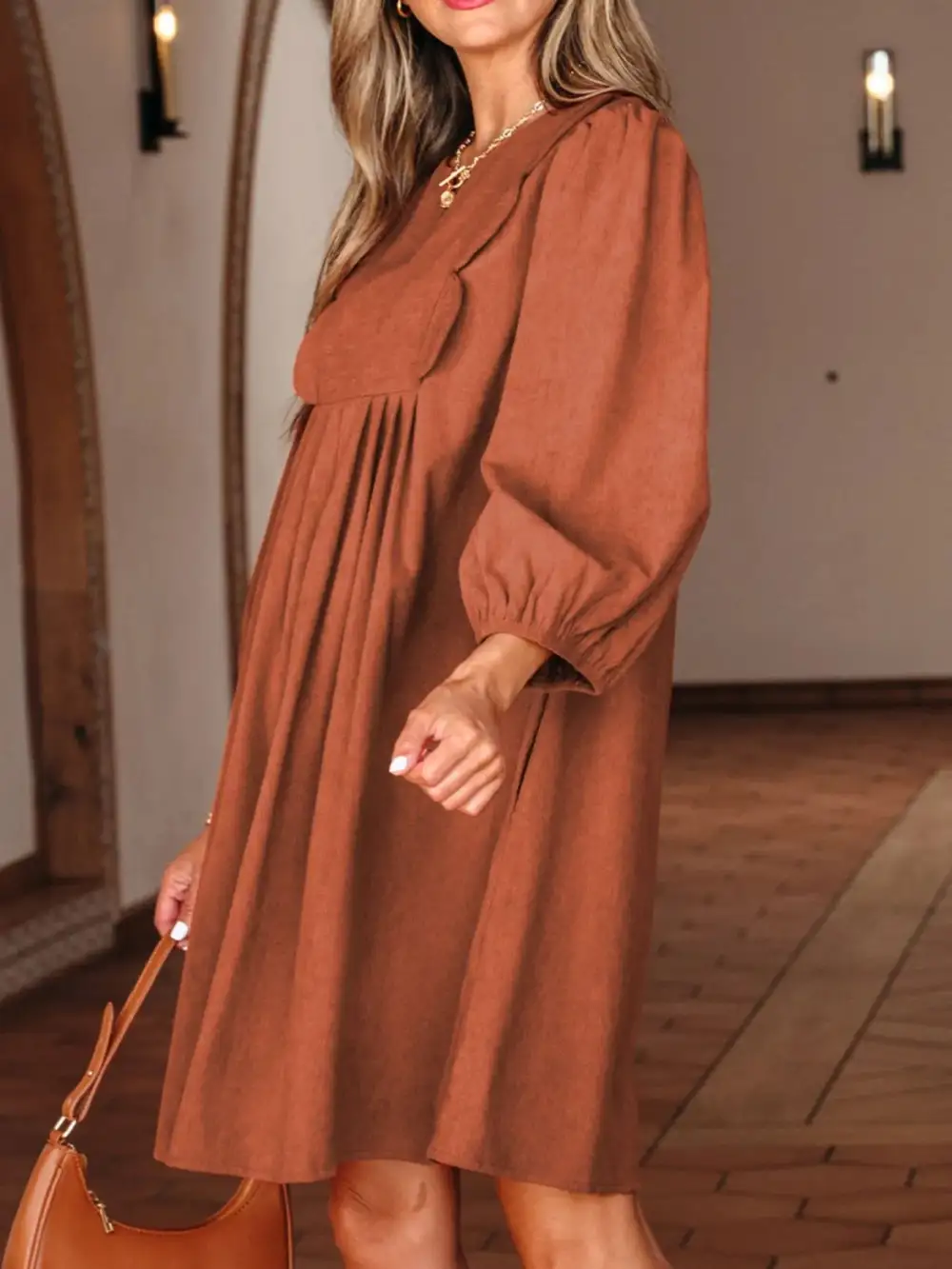 Corduroy Split Neck Mini Dress