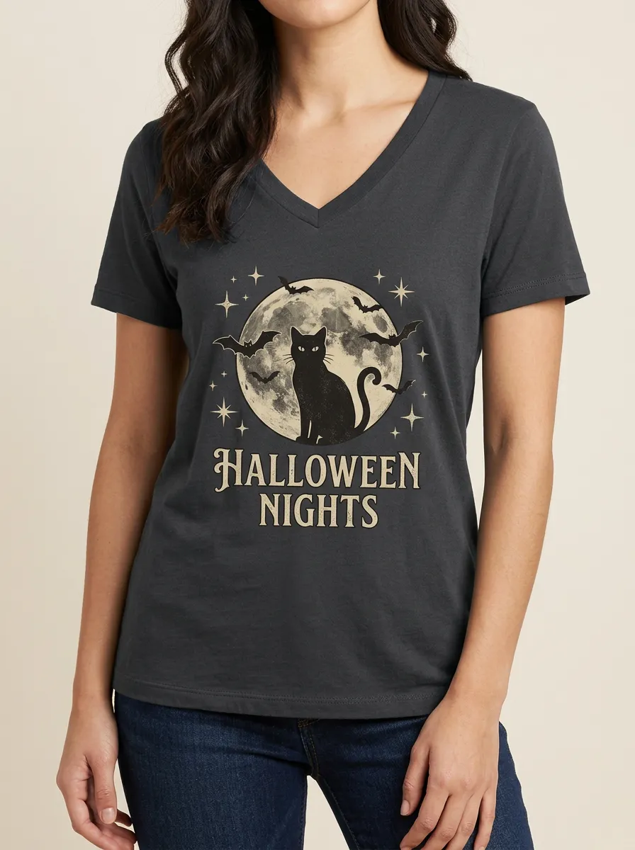 Women's Halloween Cat Moon Bats Printed V-neck T-shirt