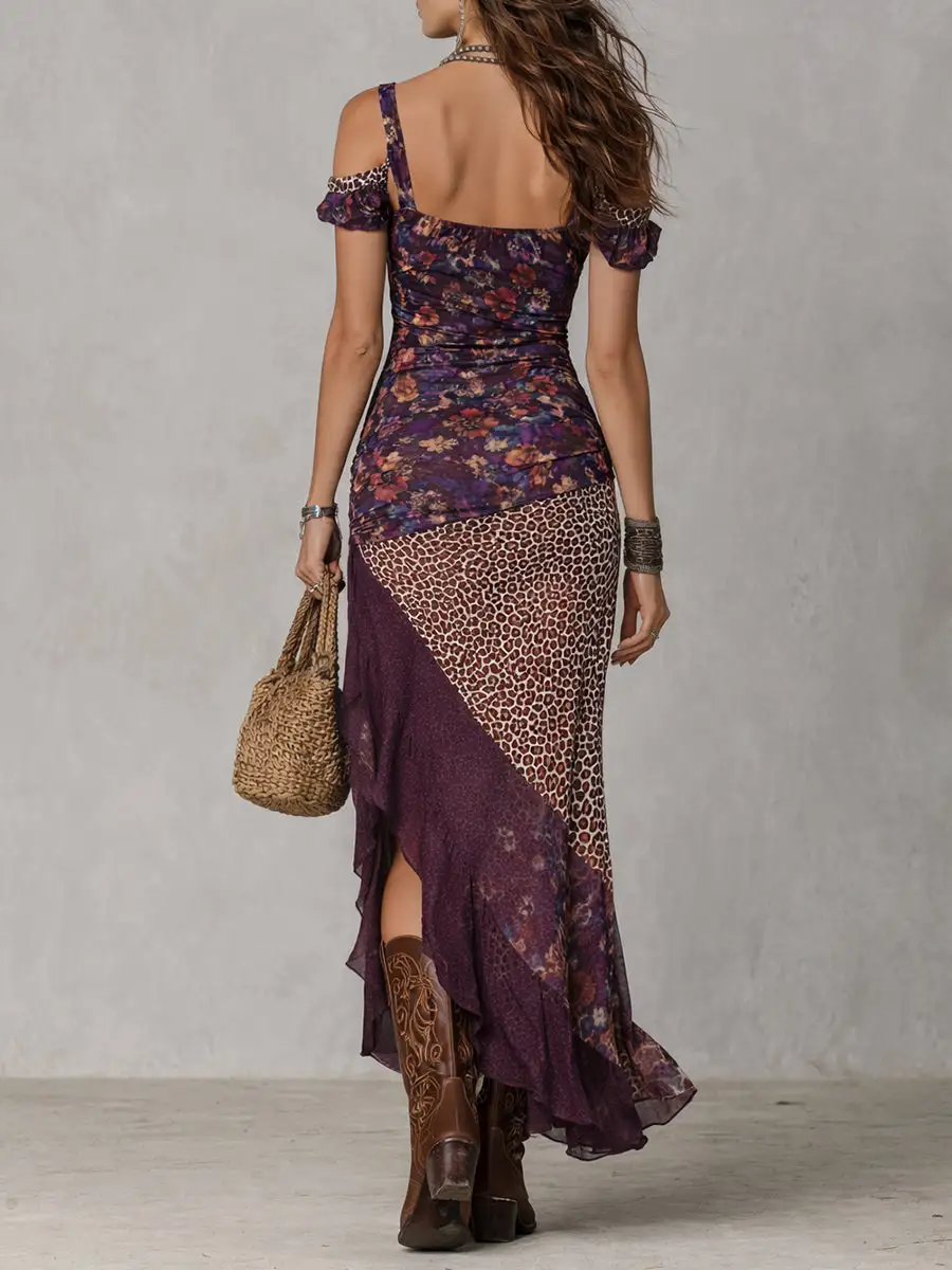 Urban Nomad Leopard Print Flower High Slit Maxi Dress