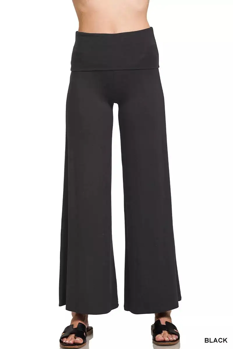 Full Size Fold Over Waist Comfy Wide Leg Pants Plus Size