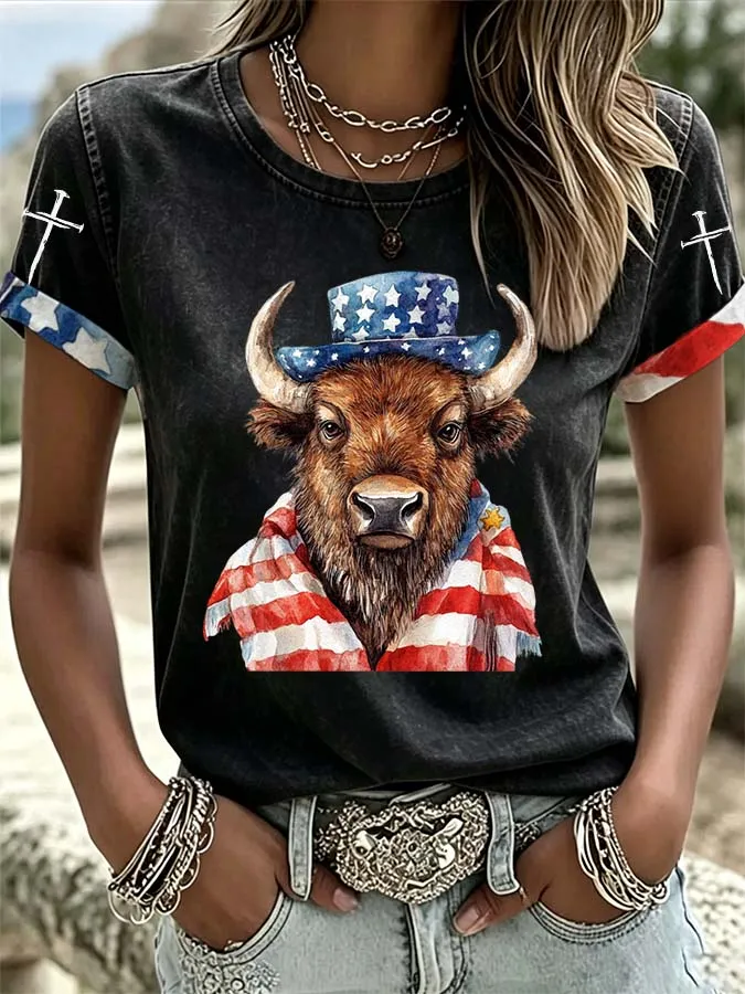 Women'S Western Style American Flag Cross Casual T-Shirt