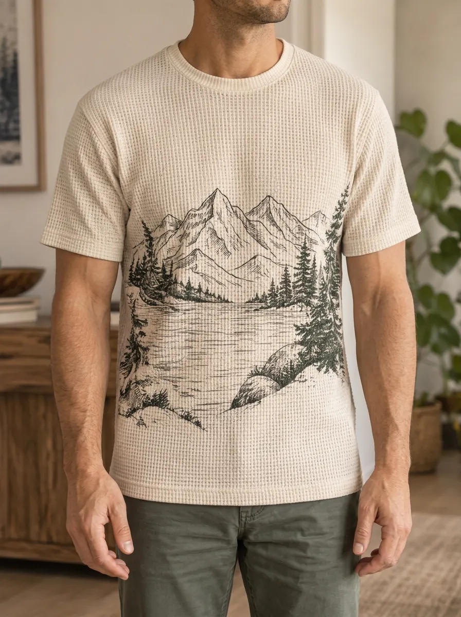 Men's Nature Outdoor Lover Mountain Forest Sketch Waffle Crew Neck T-Shirt