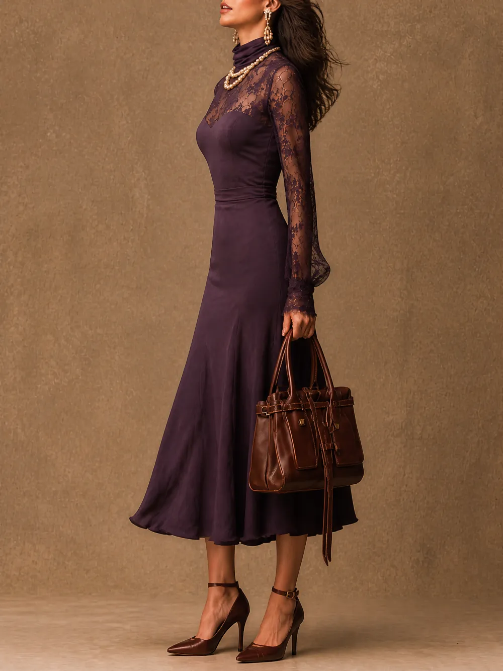 Elegant Matte satin Lace Long Sleeve Bodycon Midi Dress