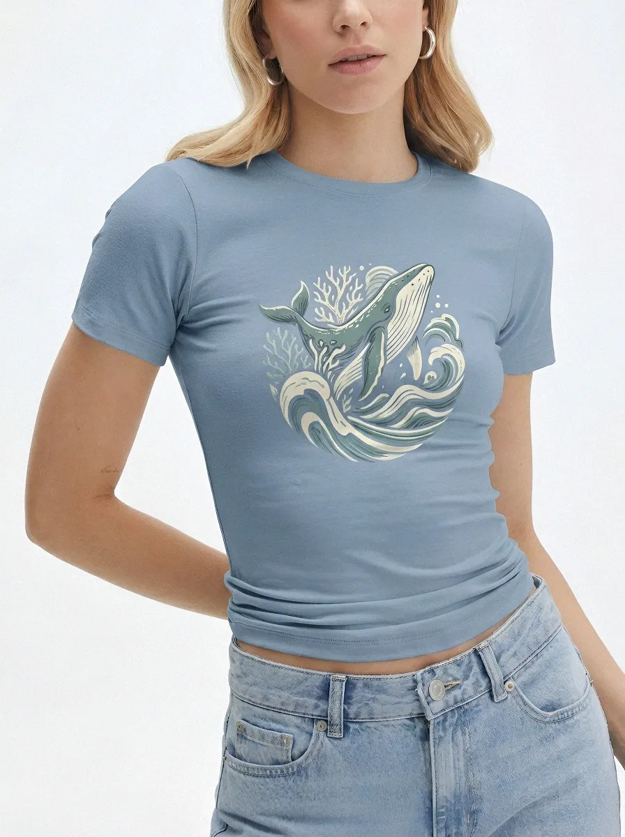 Women's Ocean Lover Humpback Whale Coral Waves Printed T-shirt