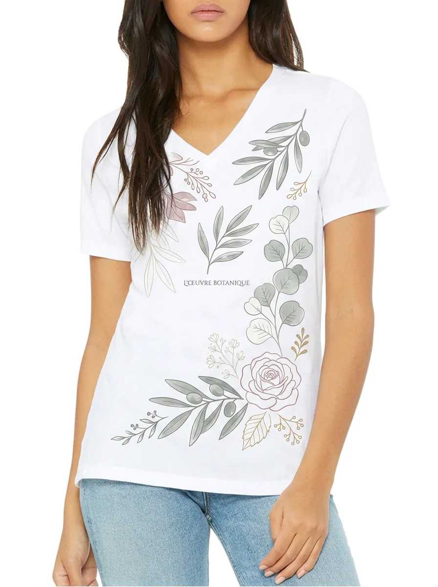 Women's Botanical Garden Floral Olive Branch Printed V-neck T-shirt