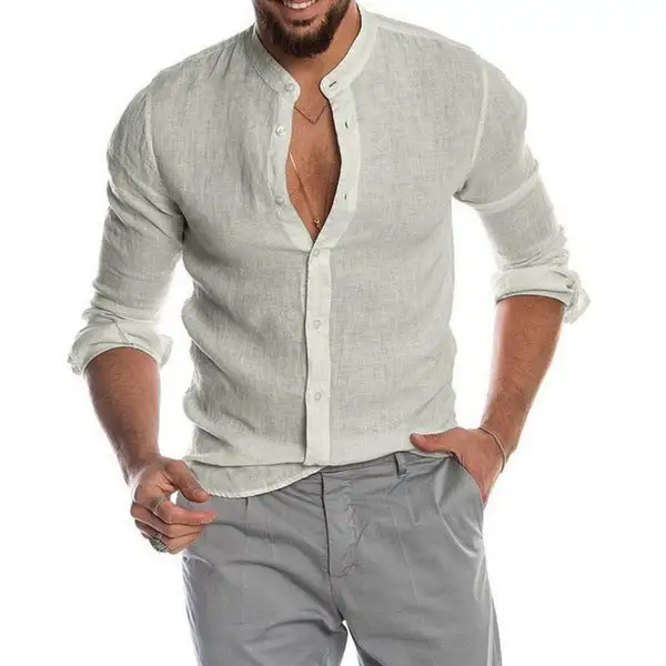 Men's Linen Shirt With Stand-up Collar Continuous Button Placket And Casual Slim-Fit Cut