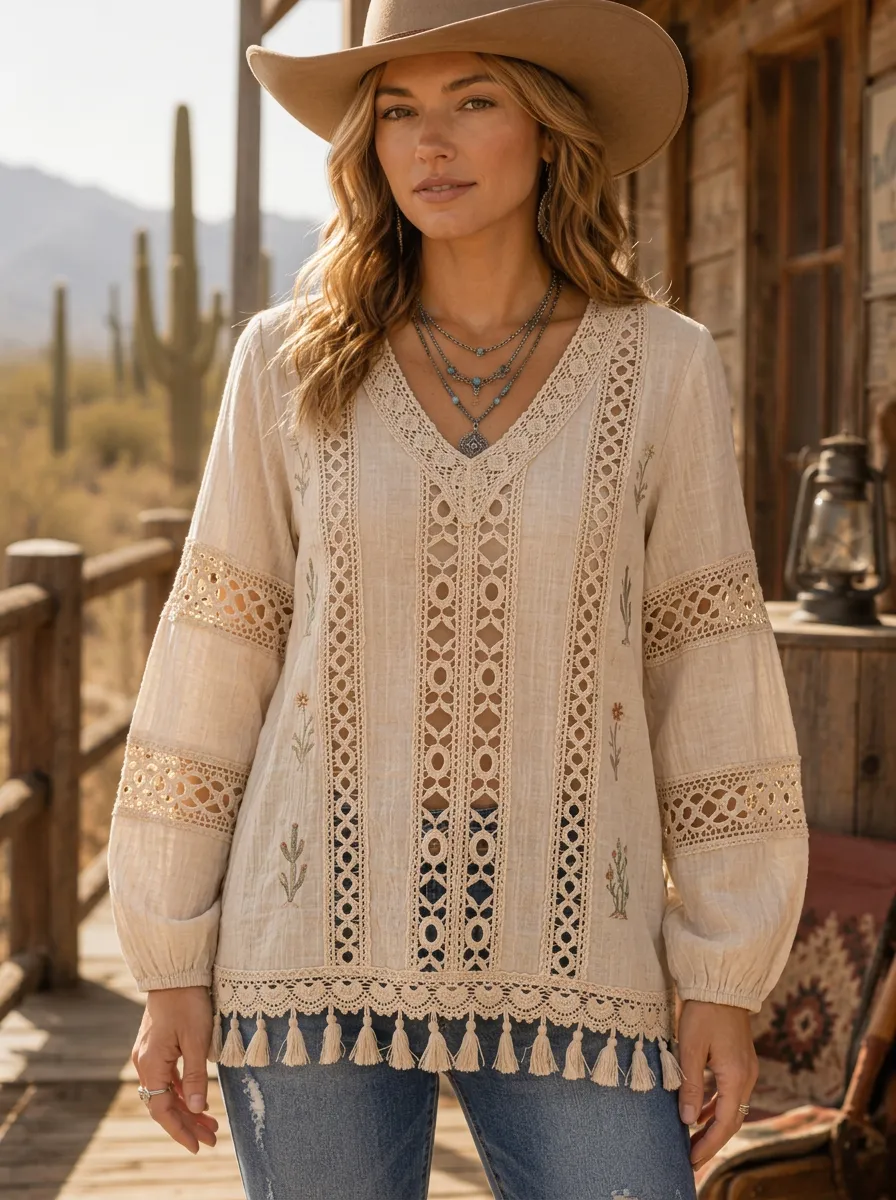 Women's Western Boho Cactus Embroidered Crochet Cutout Top