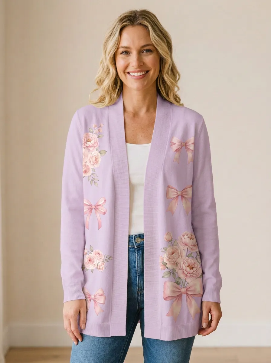 Women's Breast Cancer Awareness Pink Bow Floral Printed Cardigan