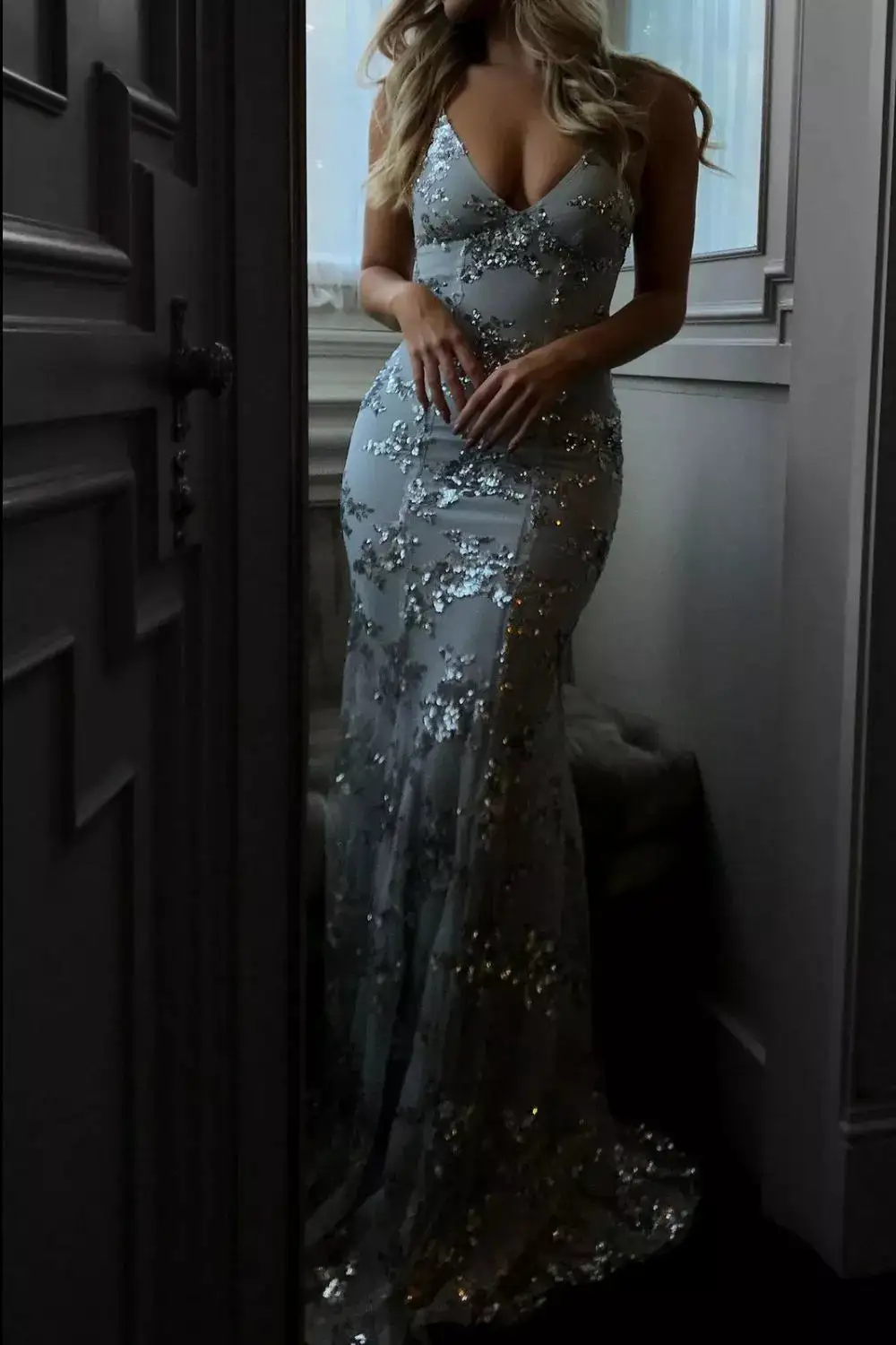 Full Size Sequin Tie Back V Neck Maxi Dress Plus Size