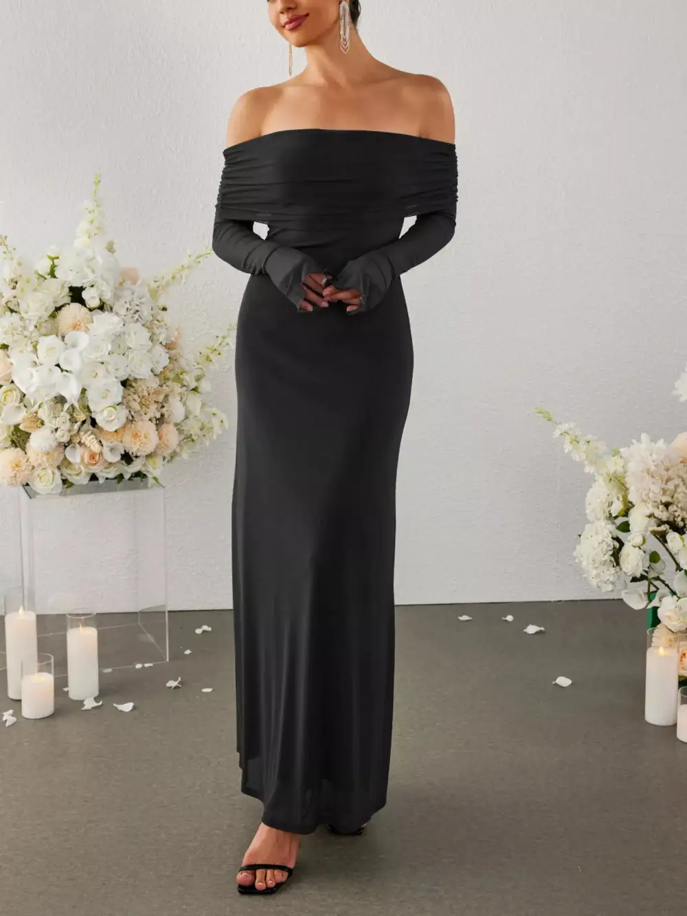 Off Shoulder Ruched Long Sleeve Maxi Dress