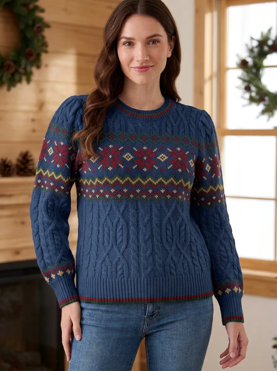 Christmas Holiday Snowflake Fair Isle Patterned Knit Sweater