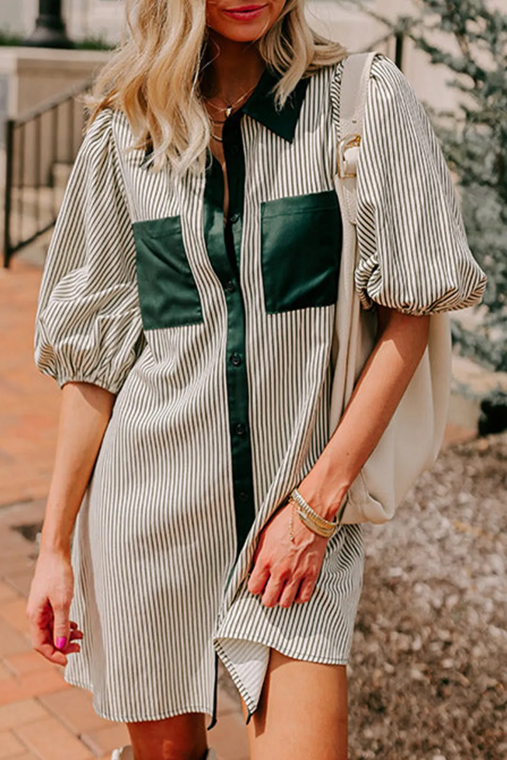 Button Front Pocket Detail Puff Sleeve Mini Dress