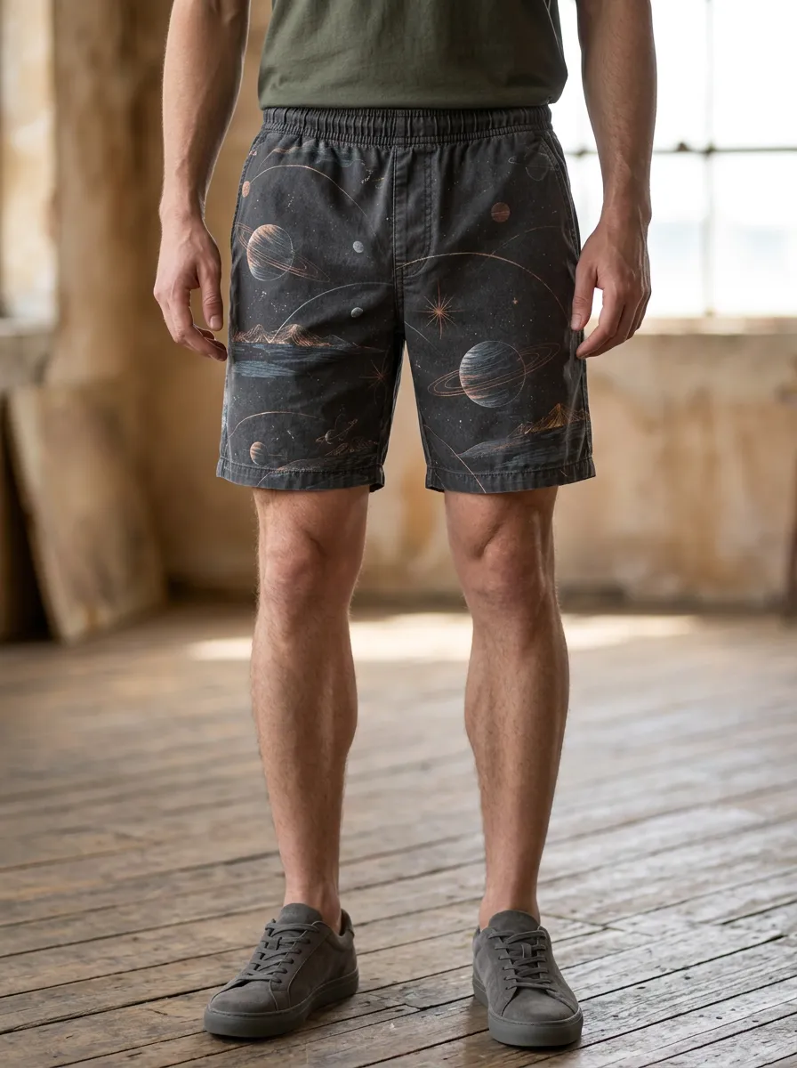 Men's Space Astronomy Planet Landscape Elastic Waist Shorts