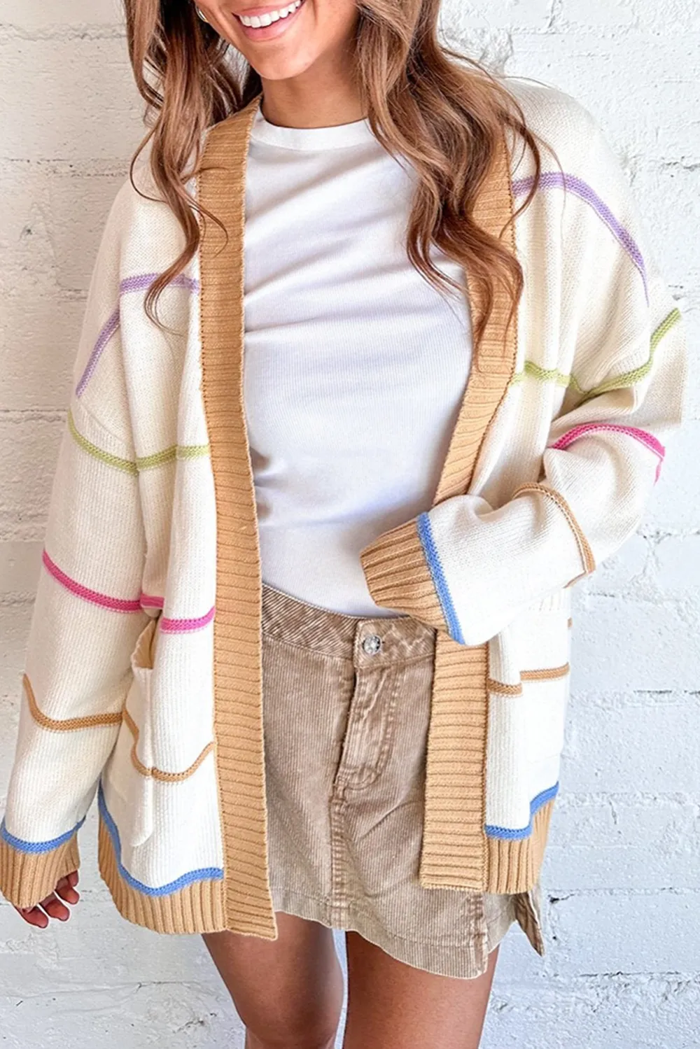 Open-Front Knit Colorblock Striped Cardigan