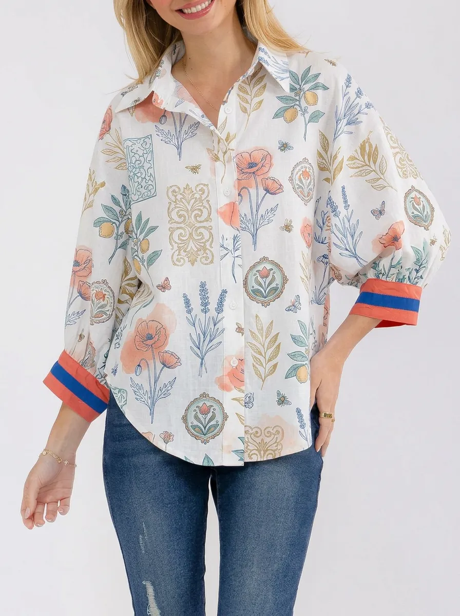 Women's Botanical Floral Poppy Printed Button Down Shirt