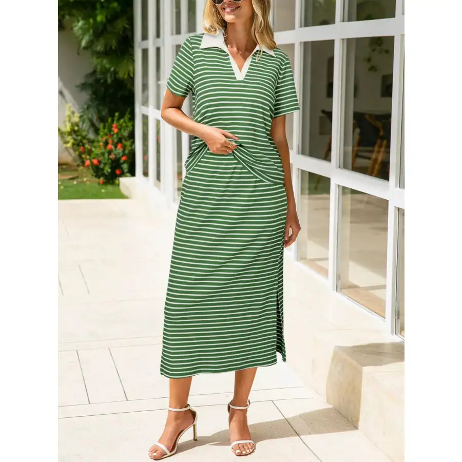Modern Striped Polo Collar Top And Slit Skirt Two-Piece