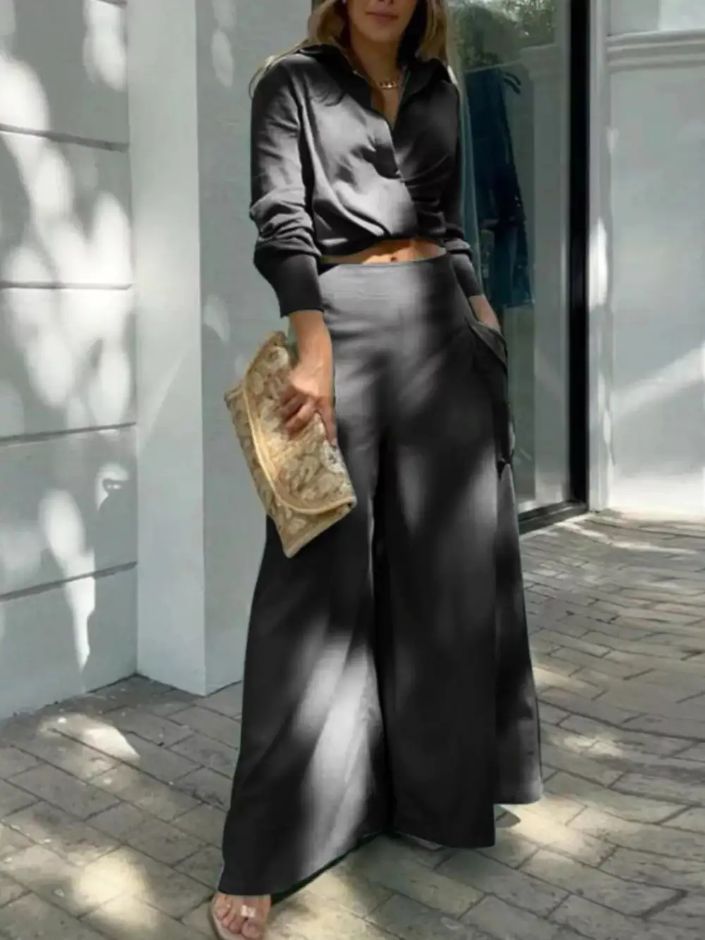 Long Sleeve Shirt Wide Leg Pants Set