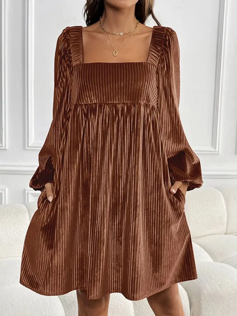 Square Neck Long Sleeve Casual Dress