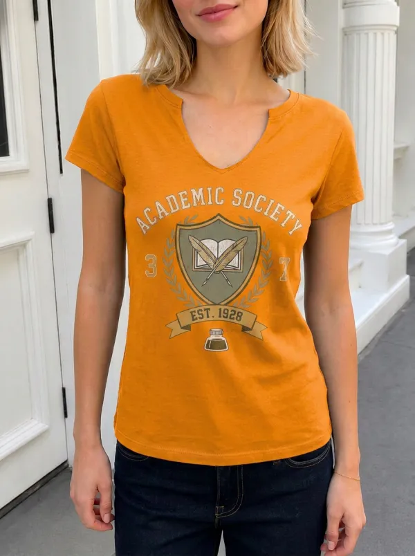 Women's Academic Society Quill Book Shield Printed V-neck T-shirt